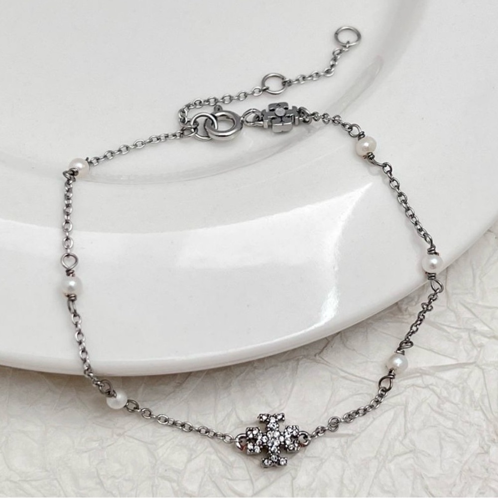 Tory Burch Silver Tiny Logo & Pearl Bracelet